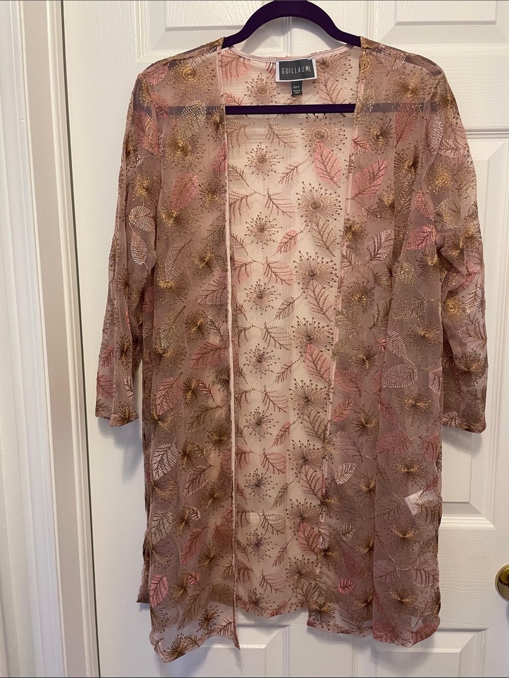 Guillaume Open Front Shear Embroidered Duster/Topper In Blush/Pink